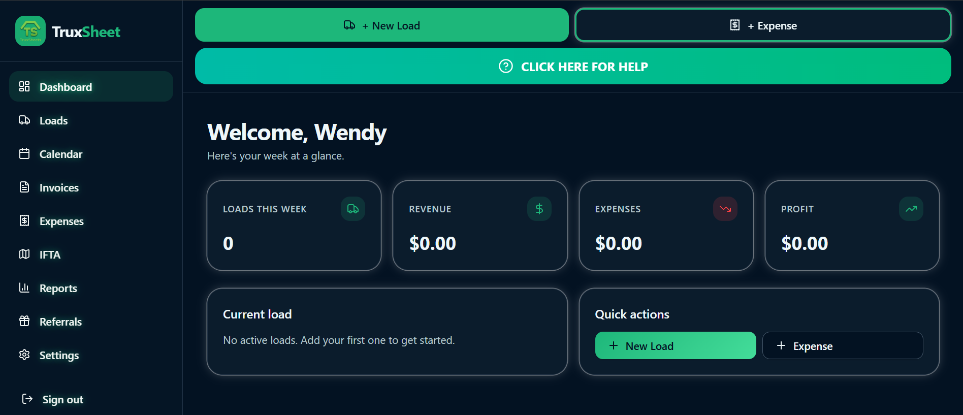 TruxSheet Dashboard showing weekly loads, revenue, expenses, and profit