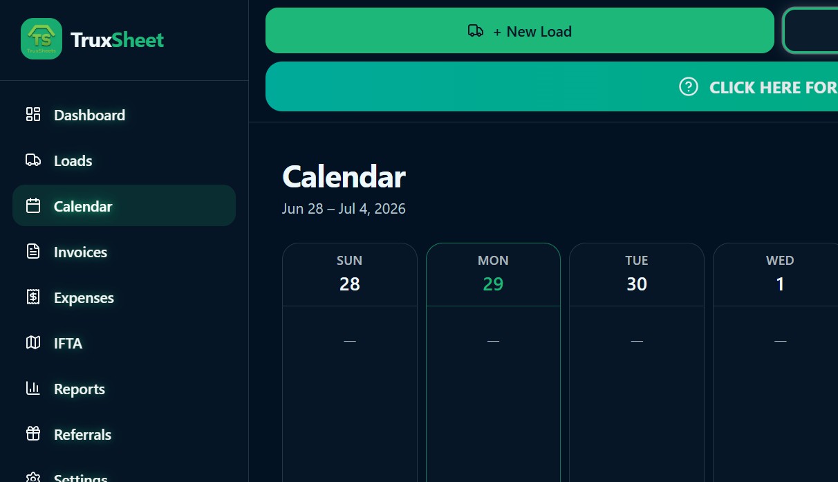 TruxSheet Calendar showing load schedule for the week
