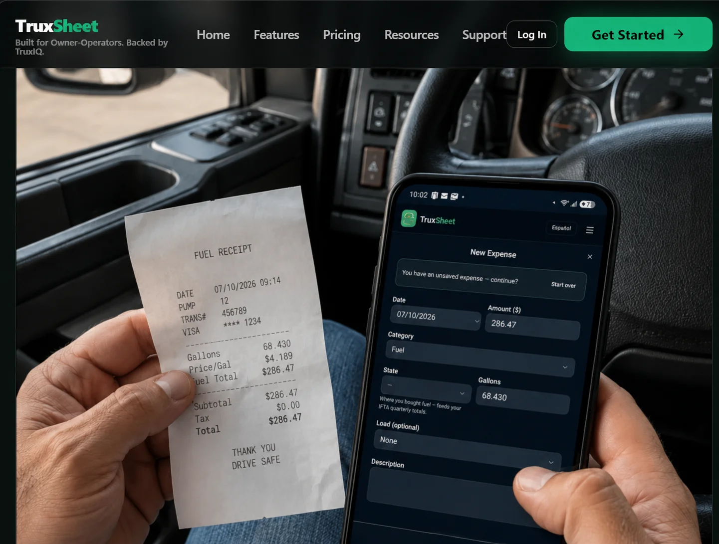 Driver in a truck cab photographing a fuel receipt, with the TruxSheet New Expense screen open on the phone