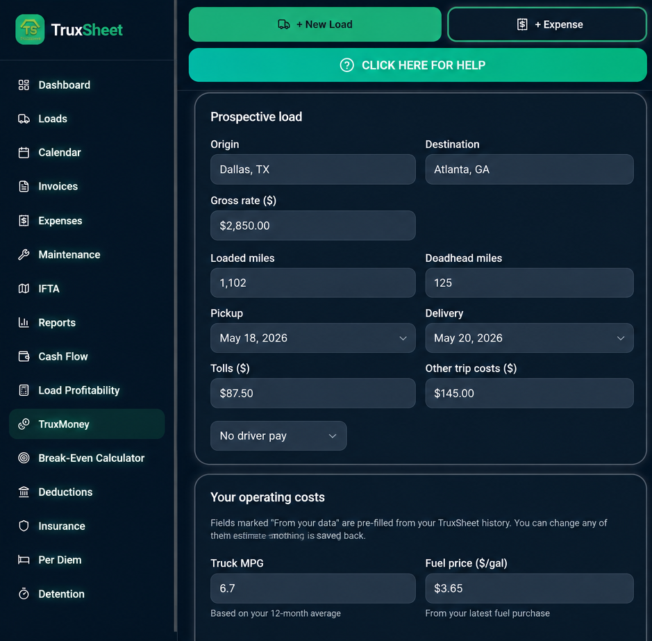 TruxMoney prospective-load evaluation — origin, destination, gross rate, loaded and deadhead miles, tolls, and your own truck MPG and fuel price pulled from your TruxSheet history
